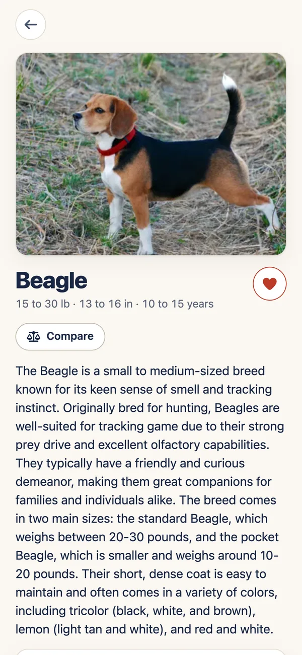 Pet Breed Hub screenshot: breed guide with ratings, temperament and care notes